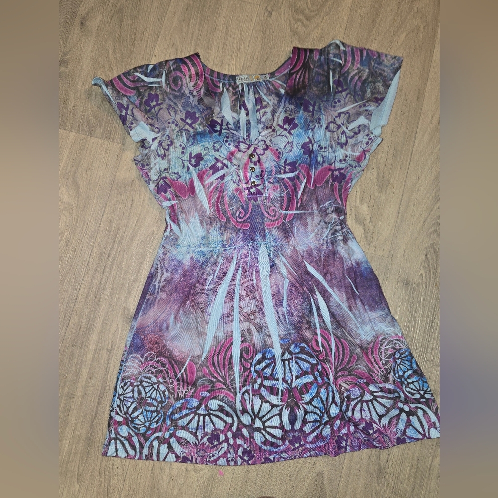 Abstract Floral Short-Sleeve Babydoll Top in Pink and Purple